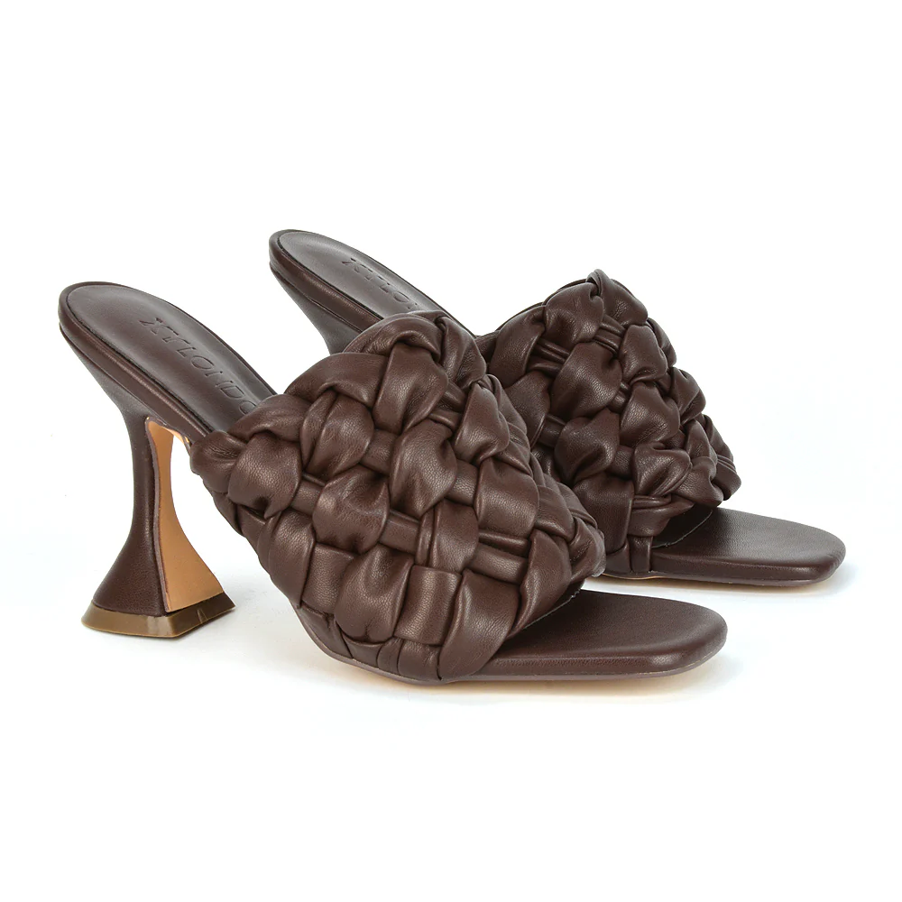 Jaci Woven Sandal Strap Square Toe Sculptured Flared Low mid High Heel Mules in Blue Synthetic Leather - Image 105