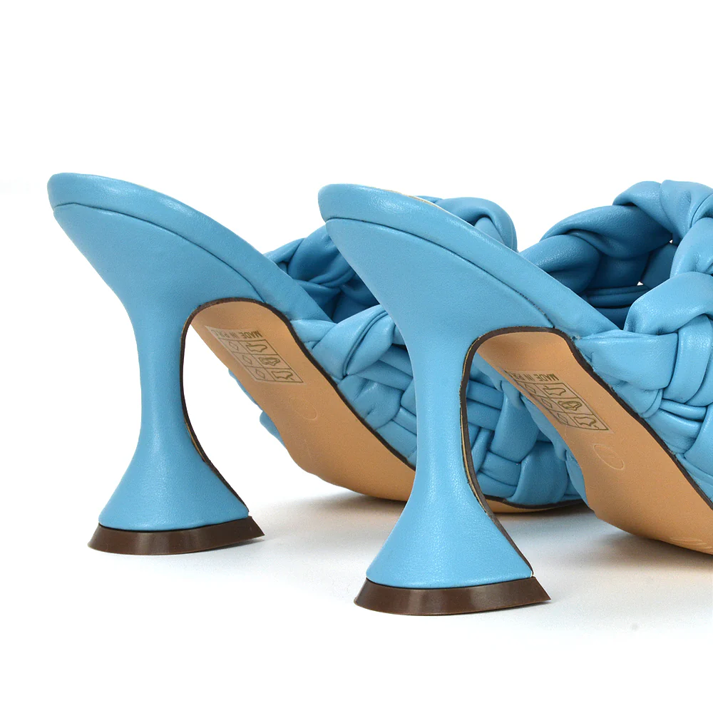 Jaci Woven Sandal Strap Square Toe Sculptured Flared Low mid High Heel Mules in Blue Synthetic Leather - Image 17