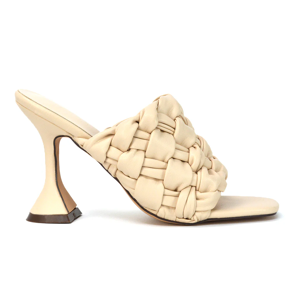 Jaci Woven Sandal Strap Square Toe Sculptured Flared Low mid High Heel Mules in Blue Synthetic Leather - Image 171