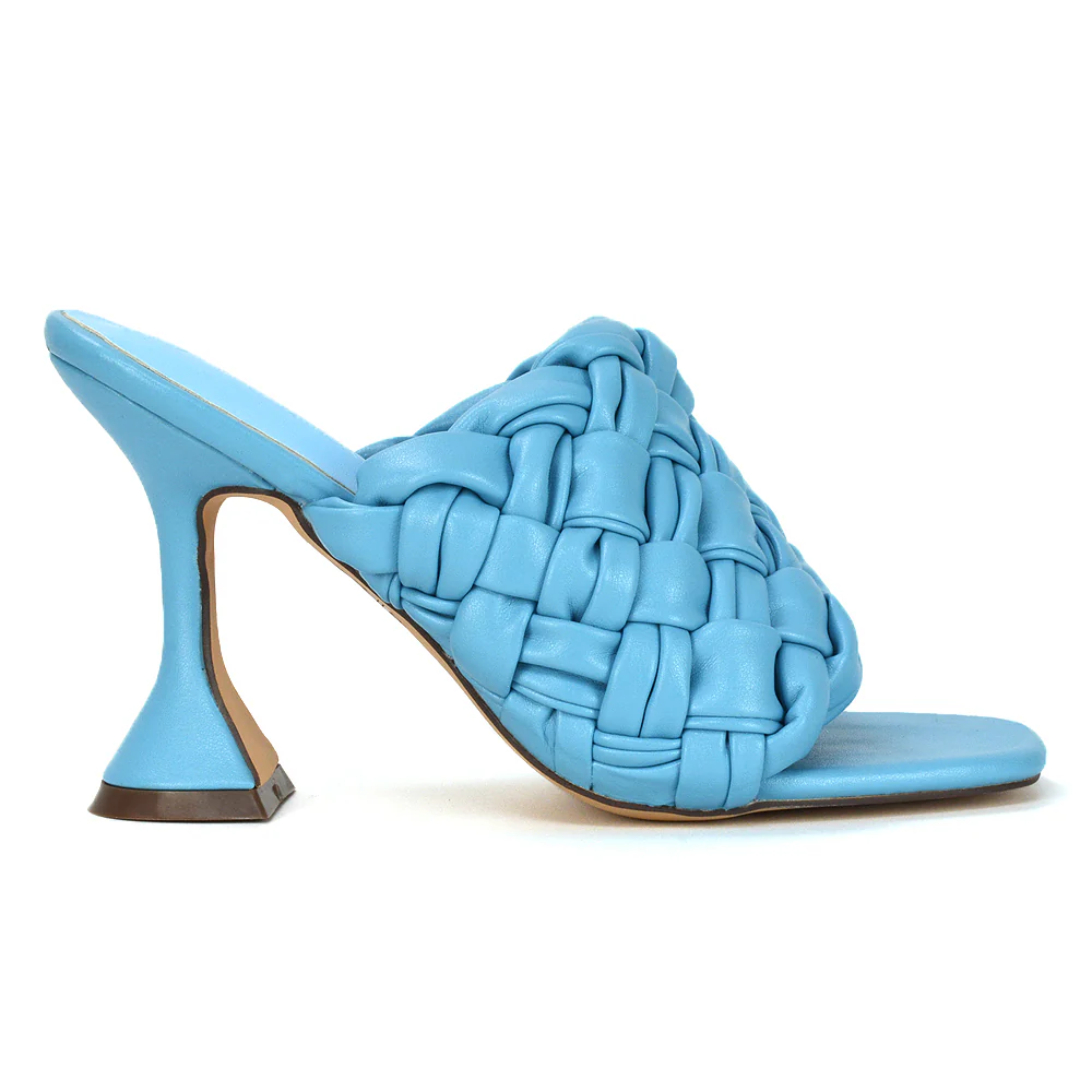 Jaci Woven Sandal Strap Square Toe Sculptured Flared Low mid High Heel Mules in Blue Synthetic Leather - Image 33