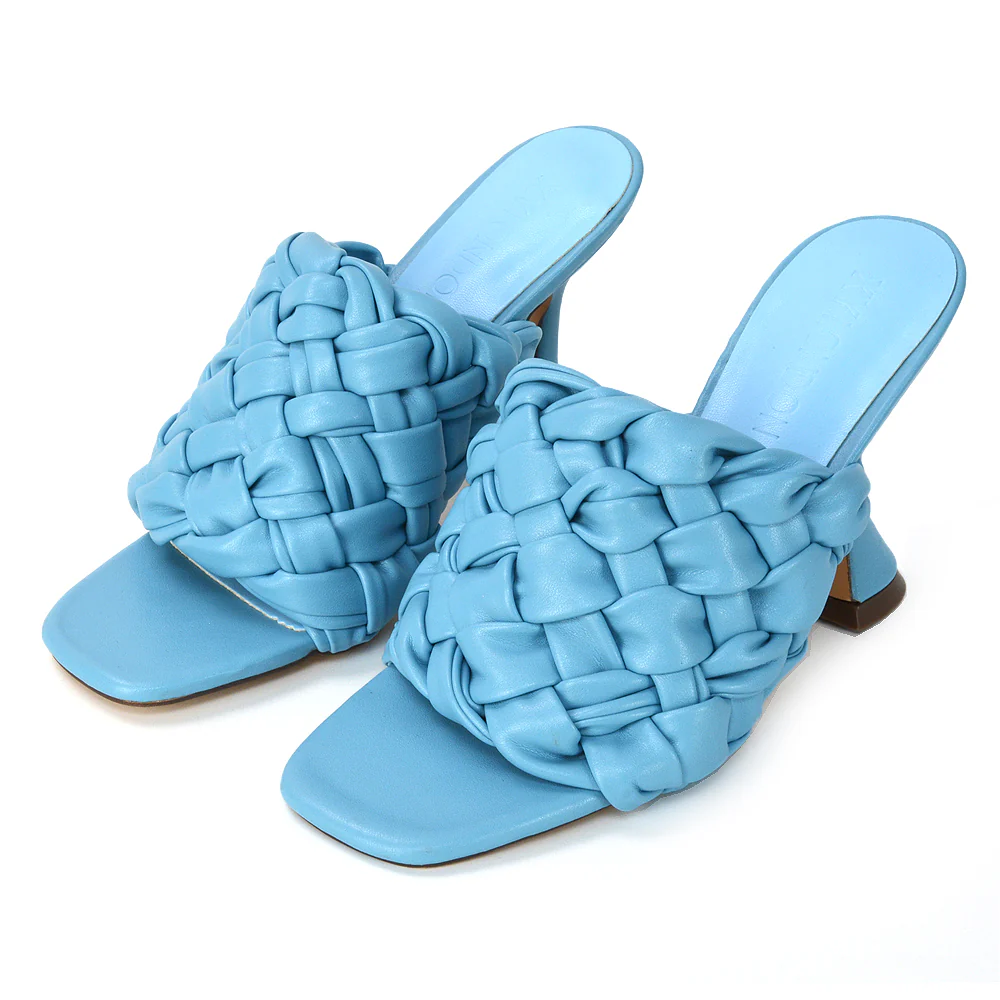 Jaci Woven Sandal Strap Square Toe Sculptured Flared Low mid High Heel Mules in Brown Synthetic Leather - Image 14
