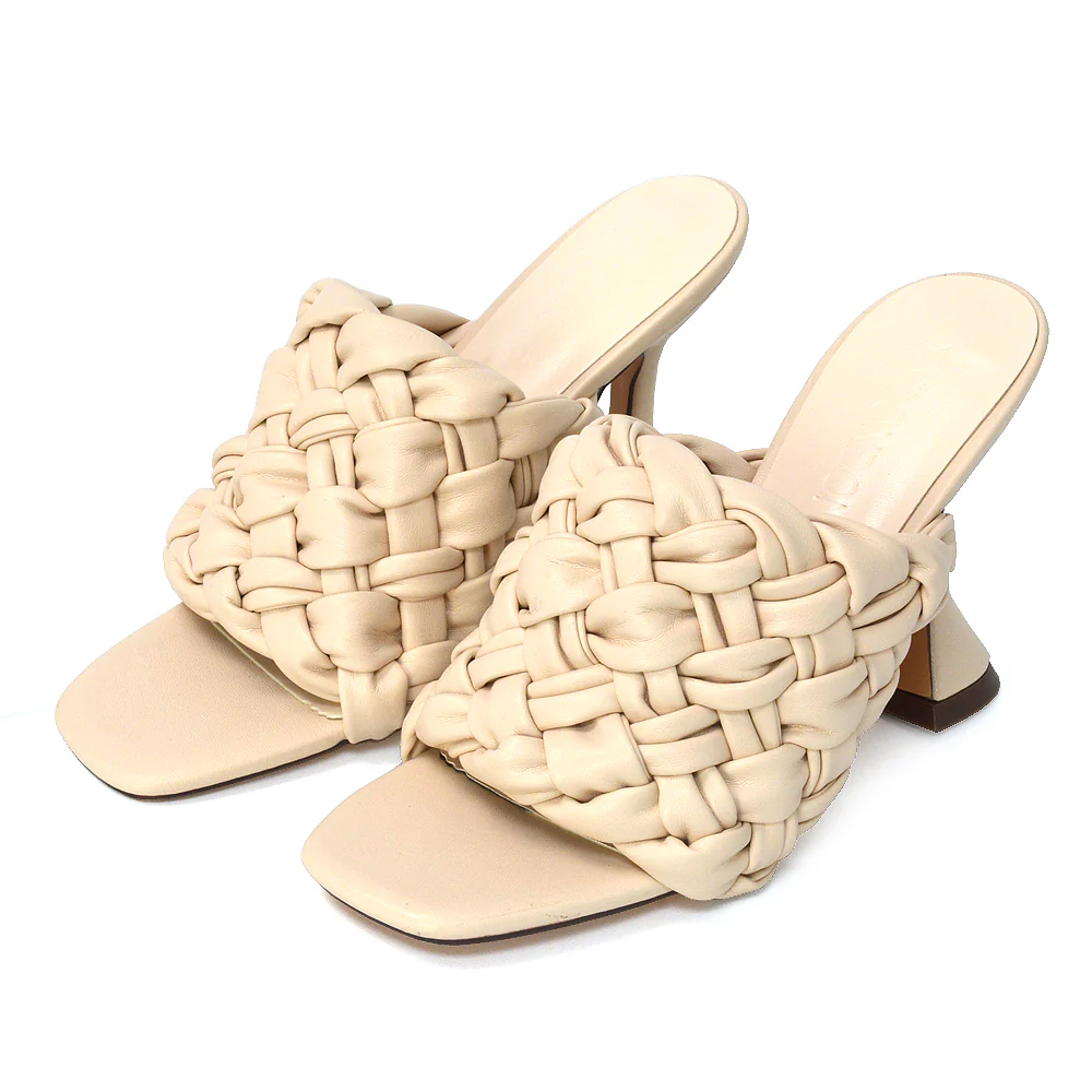 Jaci Woven Sandal Strap Square Toe Sculptured Flared Low mid High Heel Mules in Brown Synthetic Leather - Image 162
