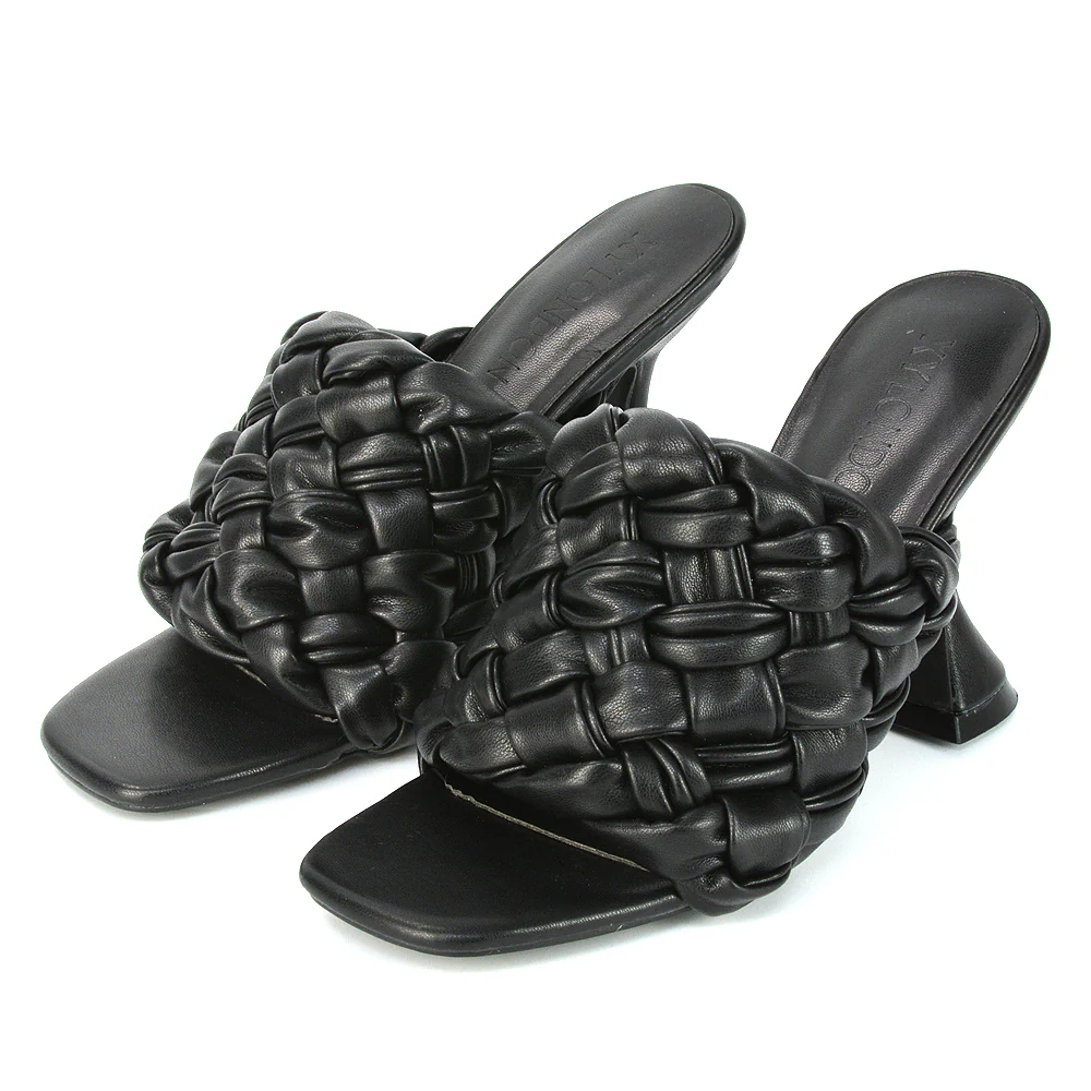 Jaci Woven Sandal Strap Square Toe Sculptured Flared Low mid High Heel Mules in Brown Synthetic Leather - Image 39