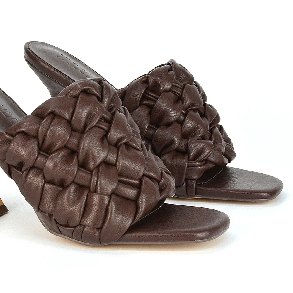 Jaci Woven Sandal Strap Square Toe Sculptured Flared Low mid High Heel Mules in Brown Synthetic Leather - Image 97
