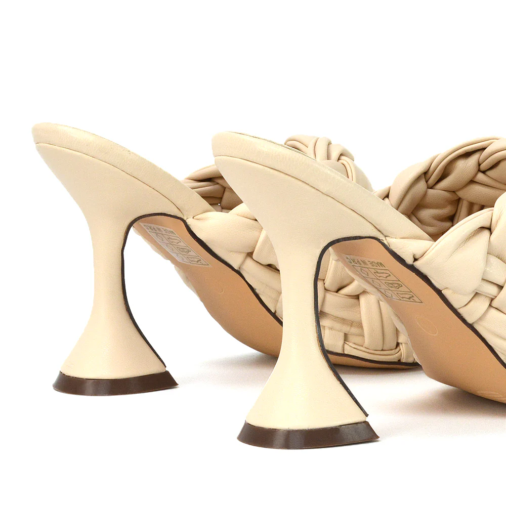 Jaci Woven Sandal Strap Square Toe Sculptured Flared Low mid High Heel Mules in Nude Synthetic Leather - Image 146