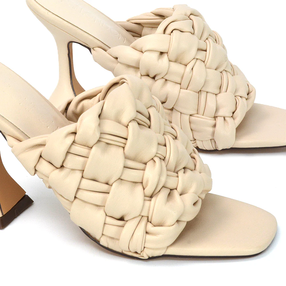 Jaci Woven Sandal Strap Square Toe Sculptured Flared Low mid High Heel Mules in Nude Synthetic Leather - Image 158