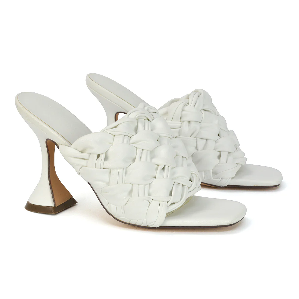 Jaci Woven Sandal Strap Square Toe Sculptured Flared Low mid High Heel Mules in White Synthetic Leather - Image 68