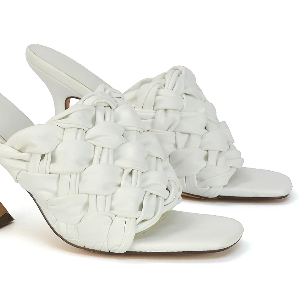 Jaci Woven Sandal Strap Square Toe Sculptured Flared Low mid High Heel Mules in White Synthetic Leather - Image 77