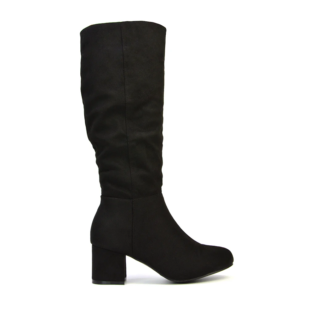 Jackie Ruched Mid Block High Heel Mid Calf High Boots in Black Synthetic Leather - Image 10