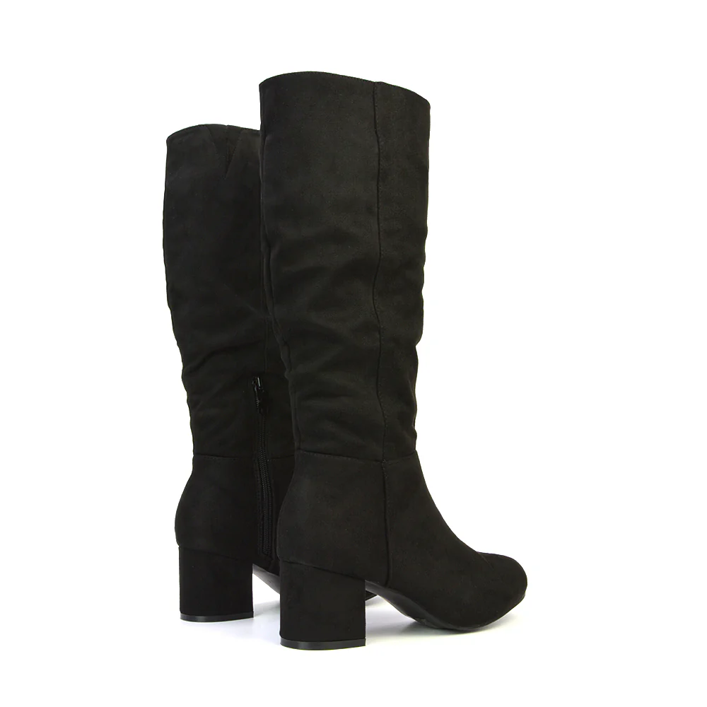 Jackie Ruched Mid Block High Heel Mid Calf High Boots in Black Synthetic Leather - Image 11