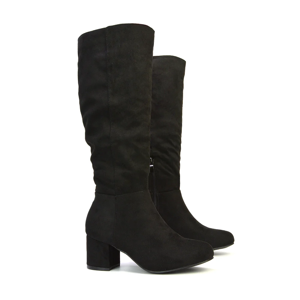 Jackie Ruched Mid Block High Heel Mid Calf High Boots in Black Synthetic Leather - Image 12