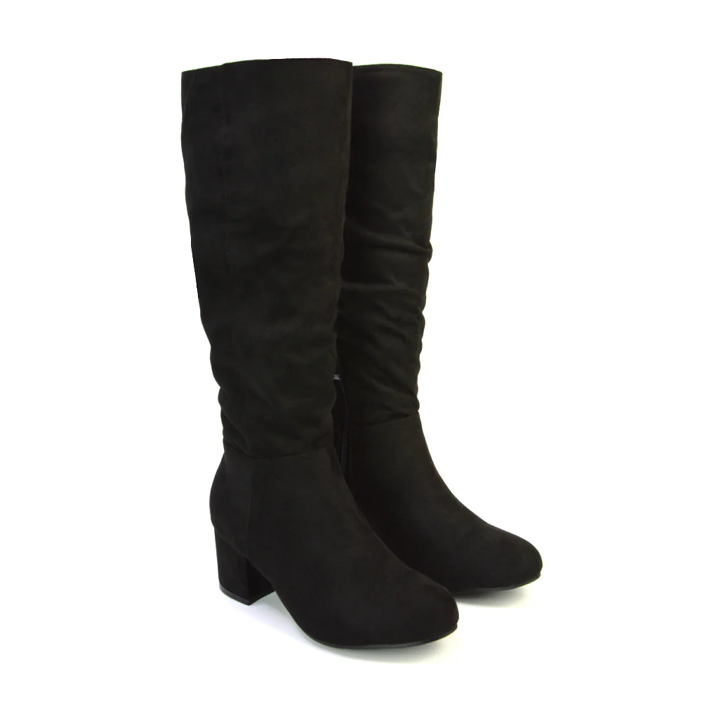 Jackie Ruched Mid Block High Heel Mid Calf High Boots in Black Synthetic Leather - Image 13