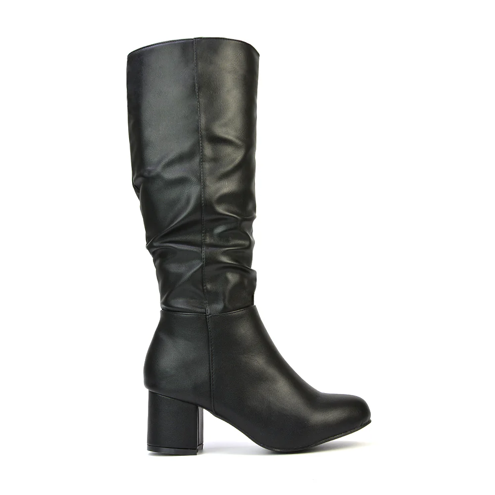 Jackie Ruched Mid Block High Heel Mid Calf High Boots in Black Synthetic Leather - Image 3