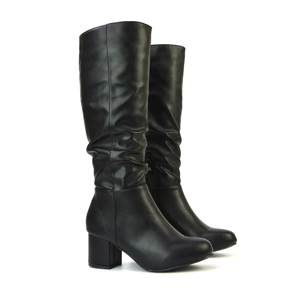 Jackie Ruched Mid Block High Heel Mid Calf High Boots in Black Synthetic Leather - Image 4