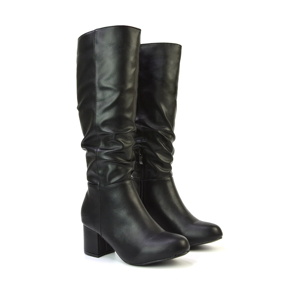 Jackie Ruched Mid Block High Heel Mid Calf High Boots in Black Synthetic Leather - Image 5