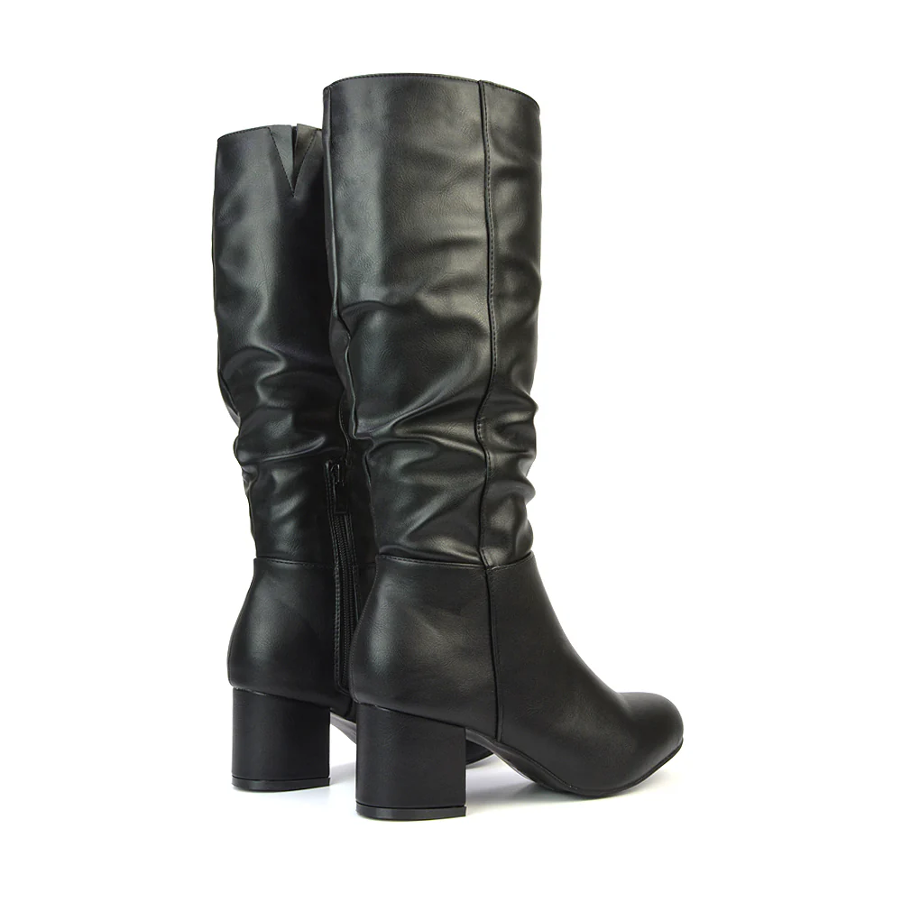 Jackie Ruched Mid Block High Heel Mid Calf High Boots in Black Synthetic Leather - Image 7