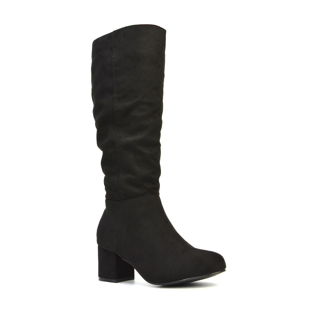 Jackie Ruched Mid Block High Heel Mid Calf High Boots in Black Synthetic Leather - Image 9