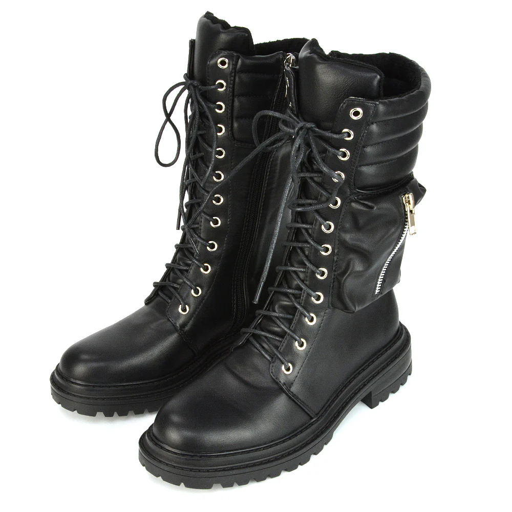 Jada Flat Zip-up Pocket Detail Biker Calf Chunky Lace Up Boots in Black Synthetic Leather - Image 11