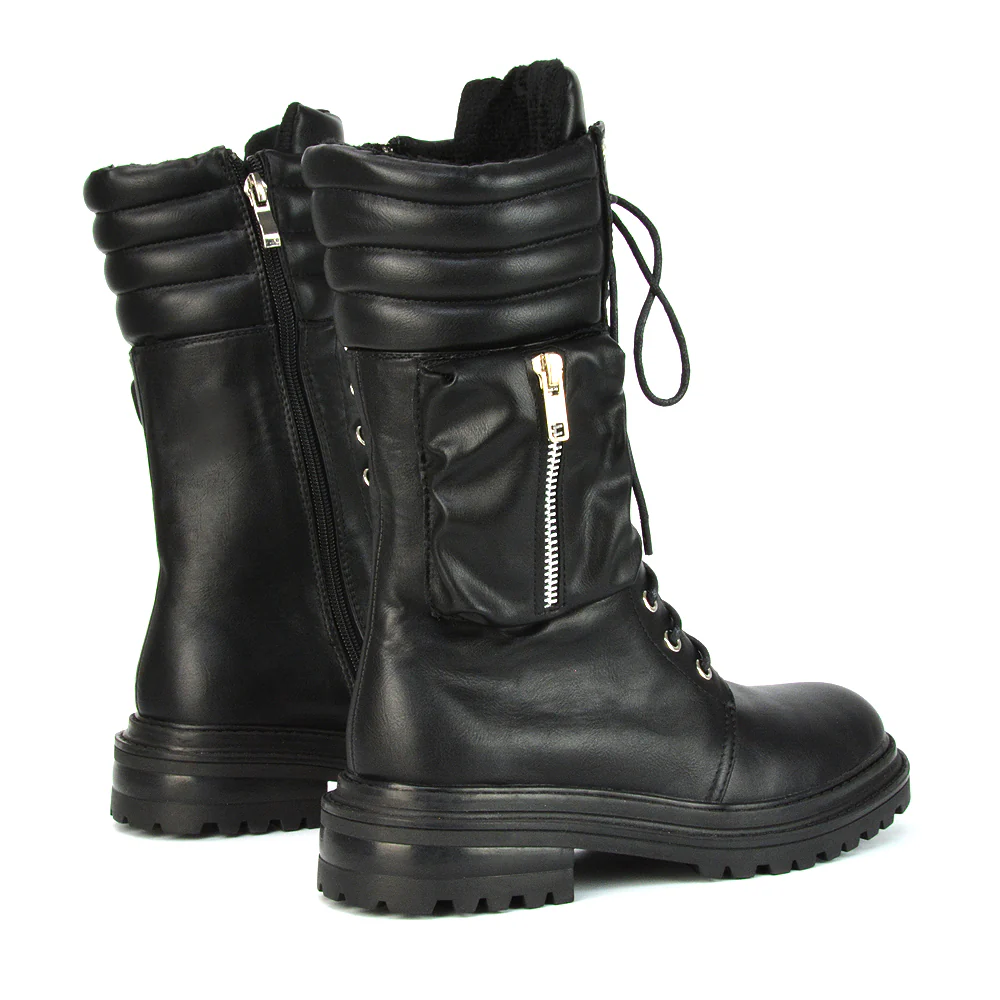 Jada Flat Zip-up Pocket Detail Biker Calf Chunky Lace Up Boots in Black Synthetic Leather - Image 43