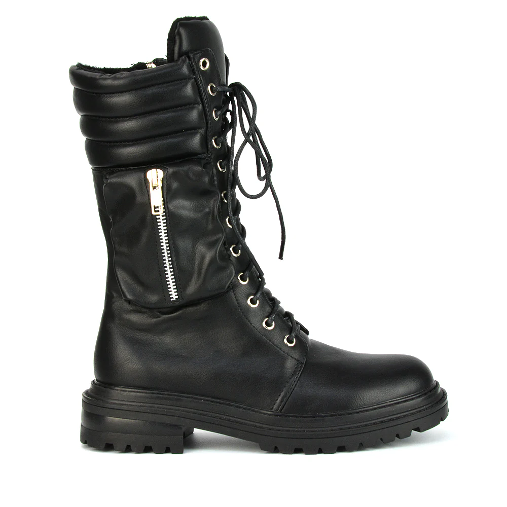Jada Flat Zip-up Pocket Detail Biker Calf Chunky Lace Up Boots in Black Synthetic Leather - Image 44