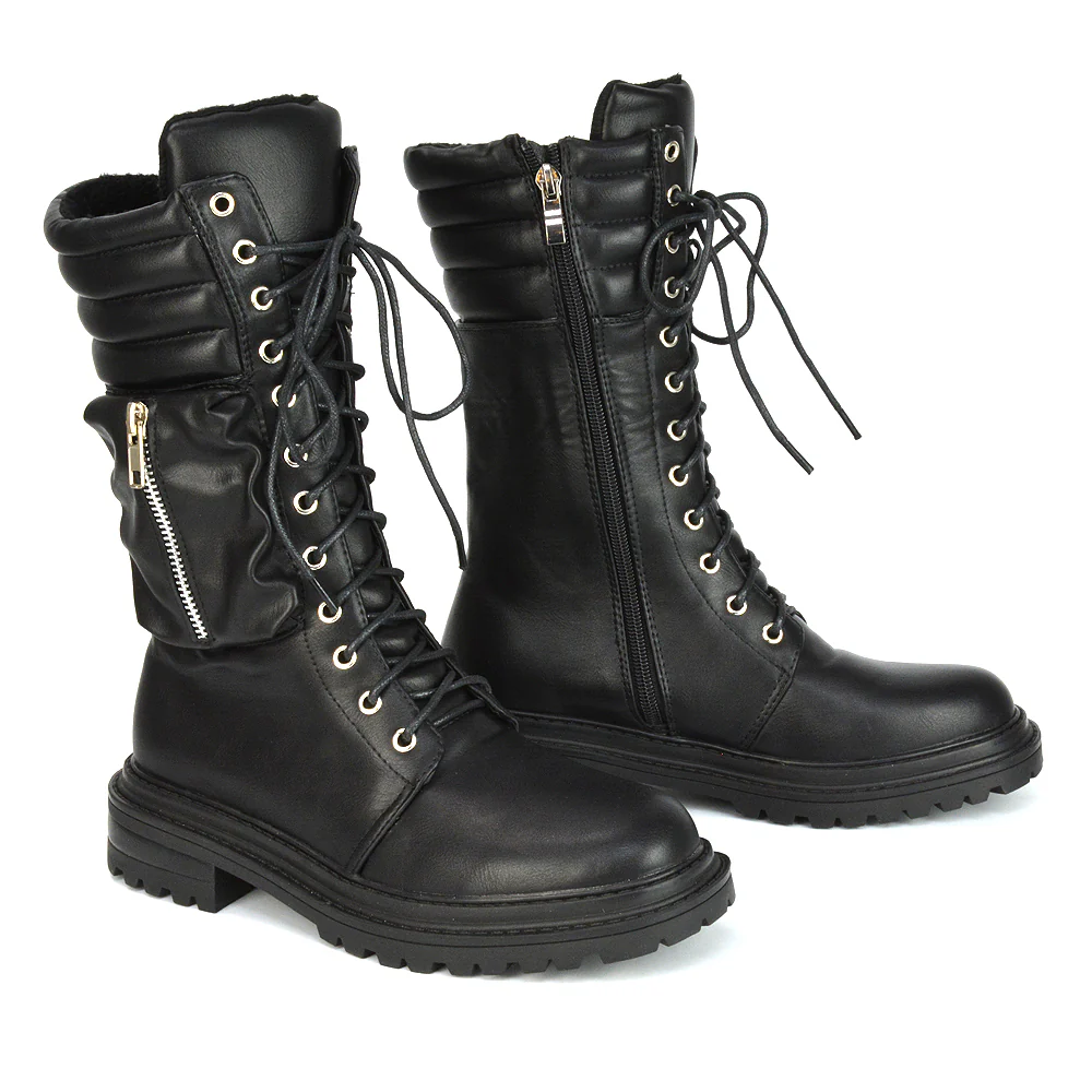 Jada Flat Zip-up Pocket Detail Biker Calf Chunky Lace Up Boots in Black Synthetic Leather - Image 45