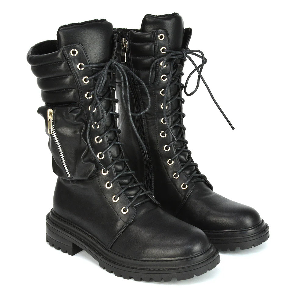 Jada Flat Zip-up Pocket Detail Biker Calf Chunky Lace Up Boots in Black Synthetic Leather - Image 47
