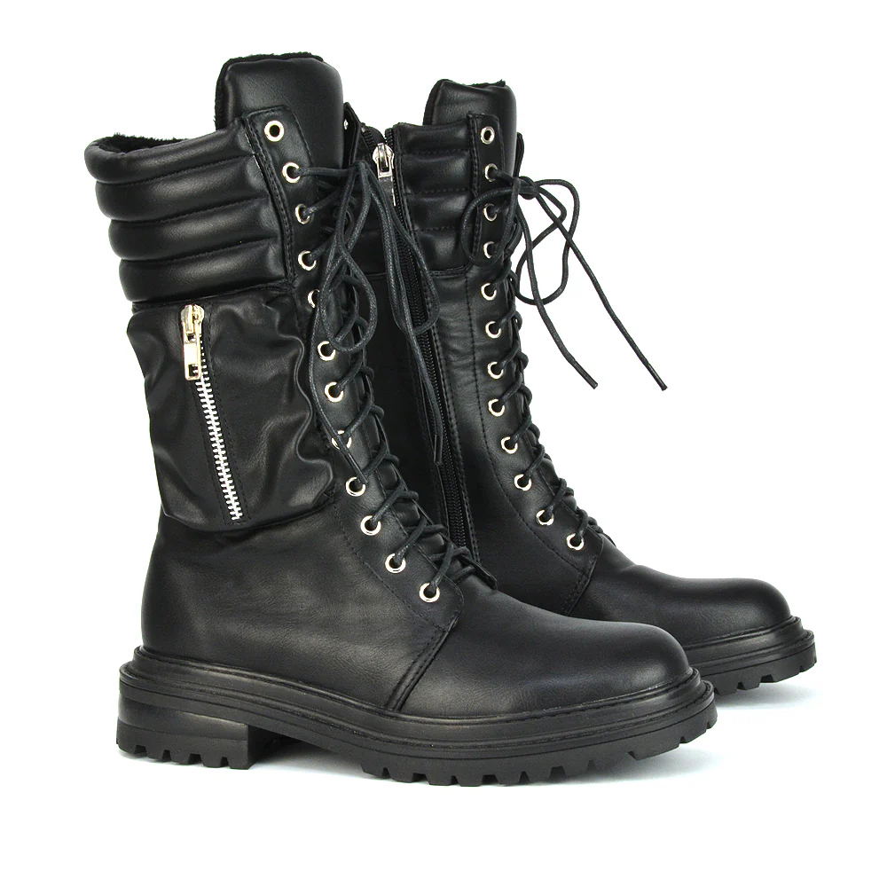 Jada Flat Zip-up Pocket Detail Biker Calf Chunky Lace Up Boots in Black Synthetic Leather - Image 6