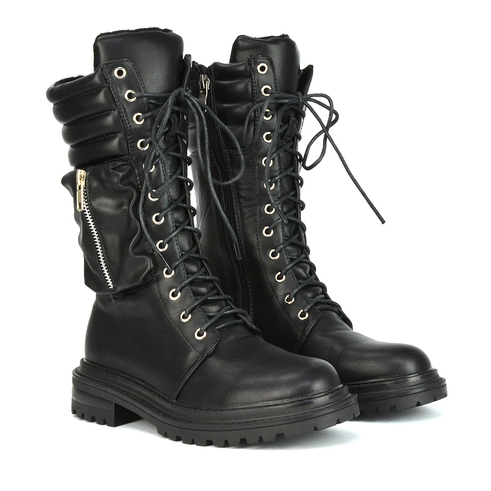 Jada Flat Zip-up Pocket Detail Biker Calf Chunky Lace Up Boots in Black Synthetic Leather - Image 7
