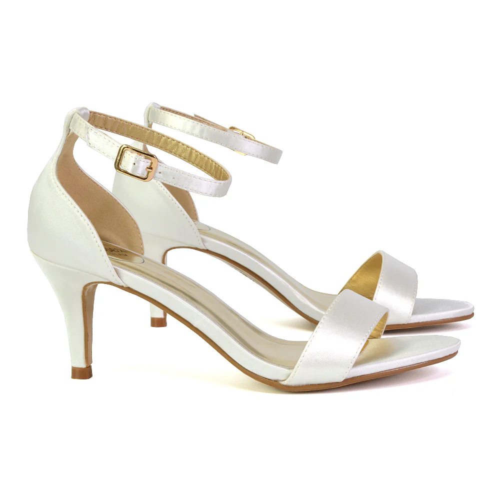 Jamie-Lee Dainty Buckle Ankle Strap mid Stiletto High Heel Sandals in Ivory Satin - Image 15