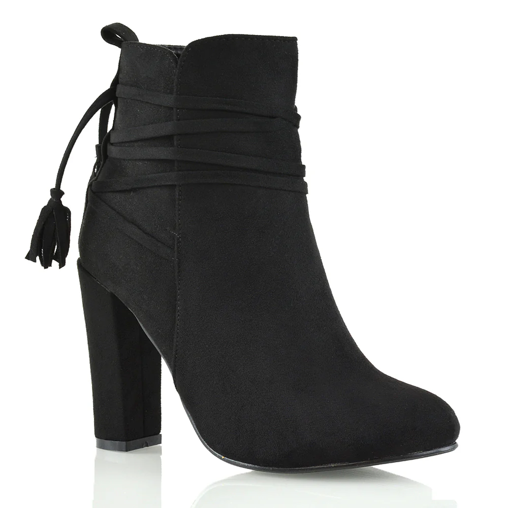 Jamie Tie up Tassel Detail Block High Heel Boots in Black Faux Suede - Image 11