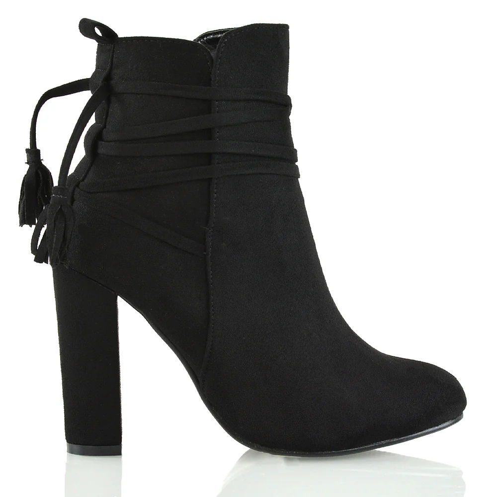 Jamie Tie up Tassel Detail Block High Heel Boots in Black Faux Suede - Image 2