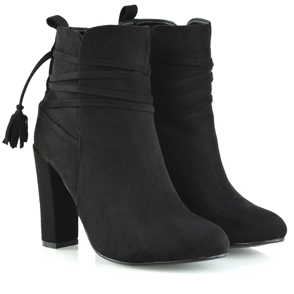 Jamie Tie up Tassel Detail Block High Heel Boots in Black Faux Suede - Image 3