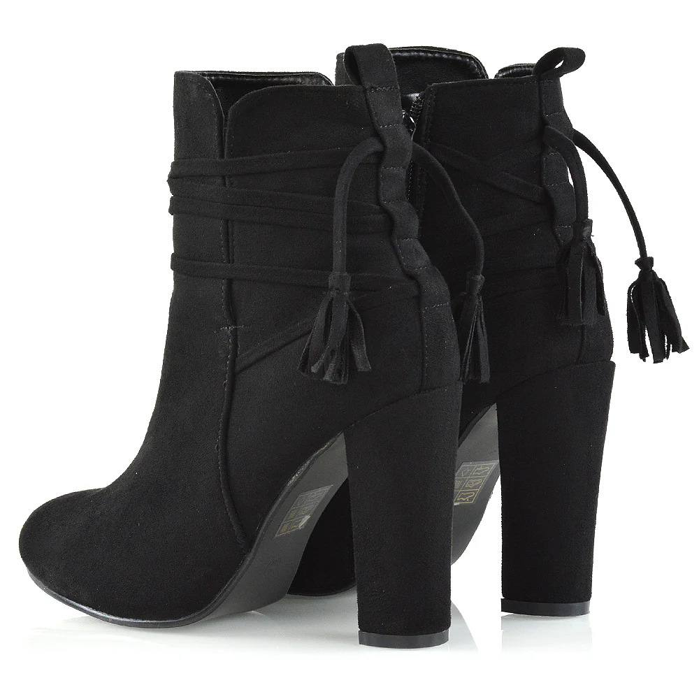 Jamie Tie up Tassel Detail Block High Heel Boots in Black Faux Suede - Image 5