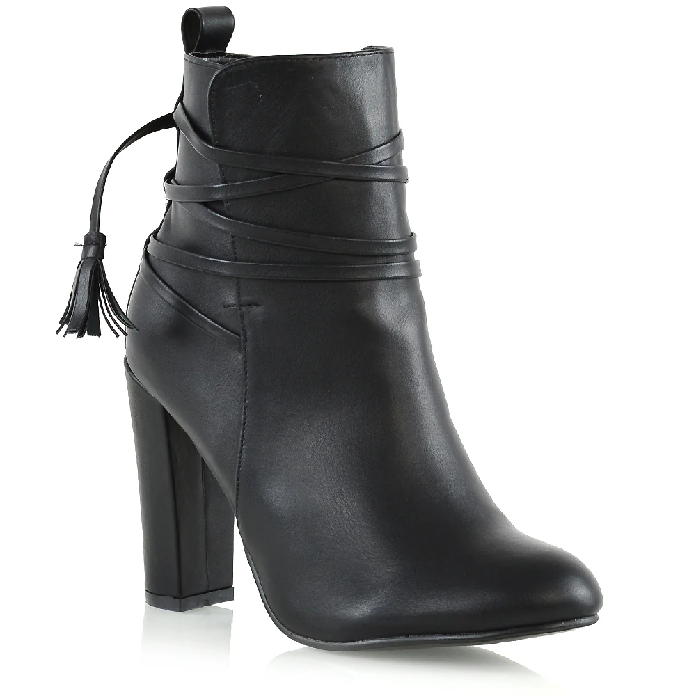 Jamie Tie up Tassel Detail Block High Heel Boots in Black Synthetic Leather - Image 11