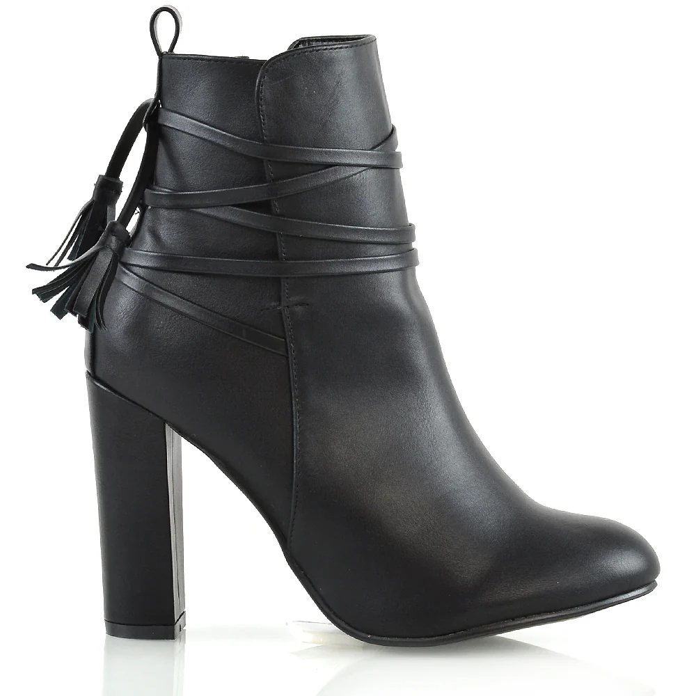Jamie Tie up Tassel Detail Block High Heel Boots in Black Synthetic Leather - Image 2