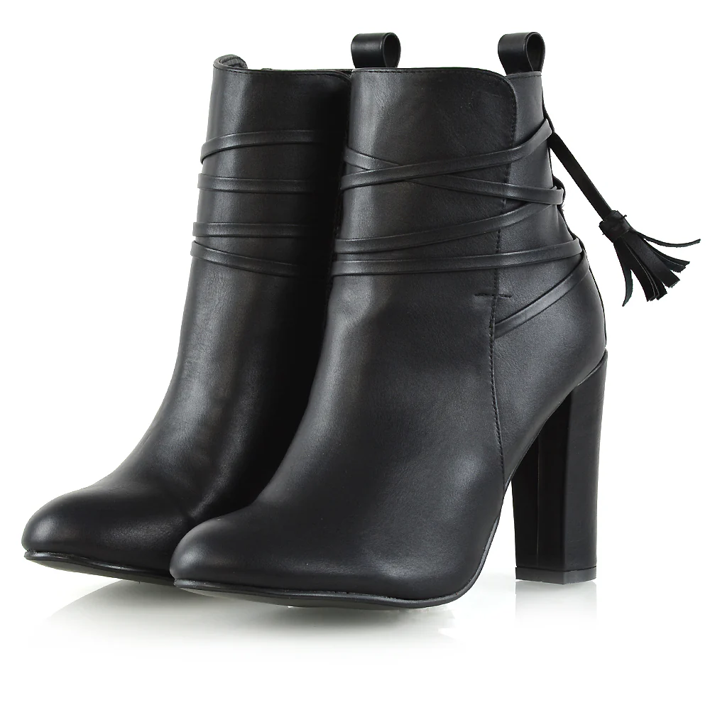 Jamie Tie up Tassel Detail Block High Heel Boots in Black Synthetic Leather - Image 3