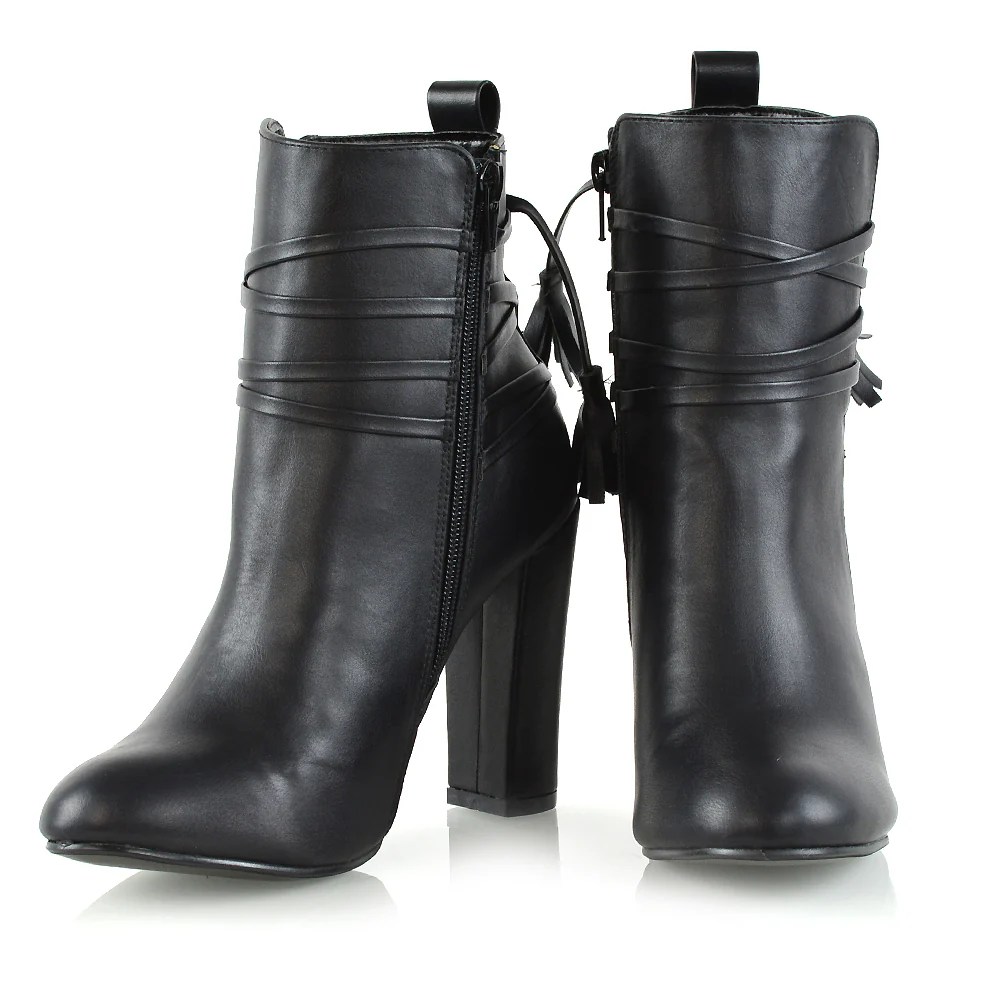 Jamie Tie up Tassel Detail Block High Heel Boots in Black Synthetic Leather - Image 4