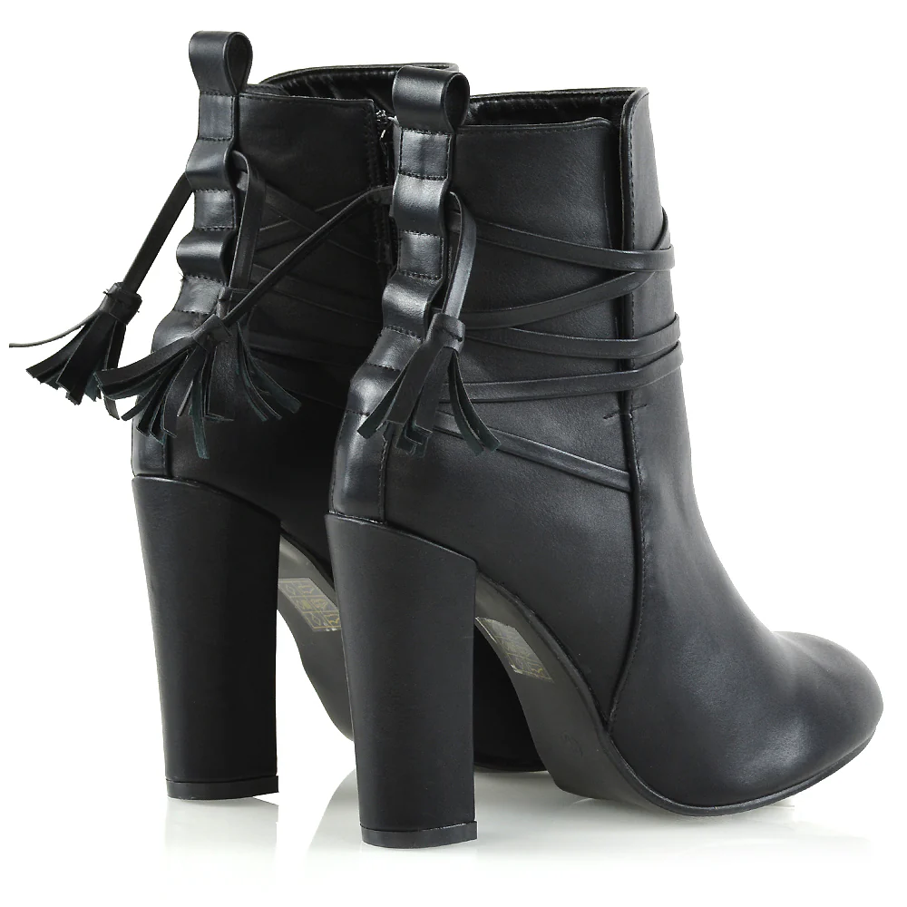 Jamie Tie up Tassel Detail Block High Heel Boots in Black Synthetic Leather - Image 5