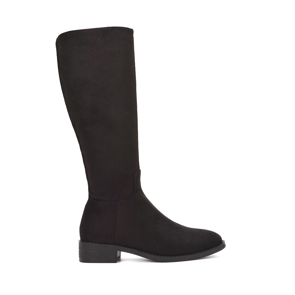 Jasmine Low Block Heel Winter Knee High Long Boots in Black Faux Suede