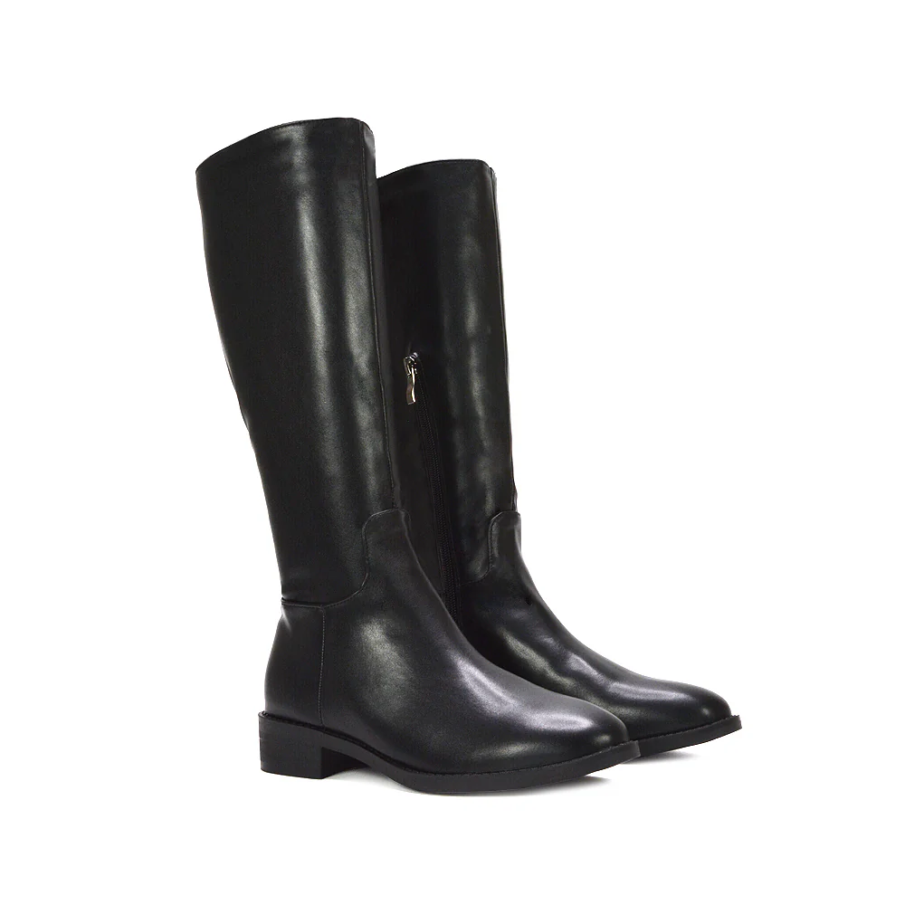 Jasmine Low Block Heel Winter Knee High Long Boots in Black Faux Suede - Image 9