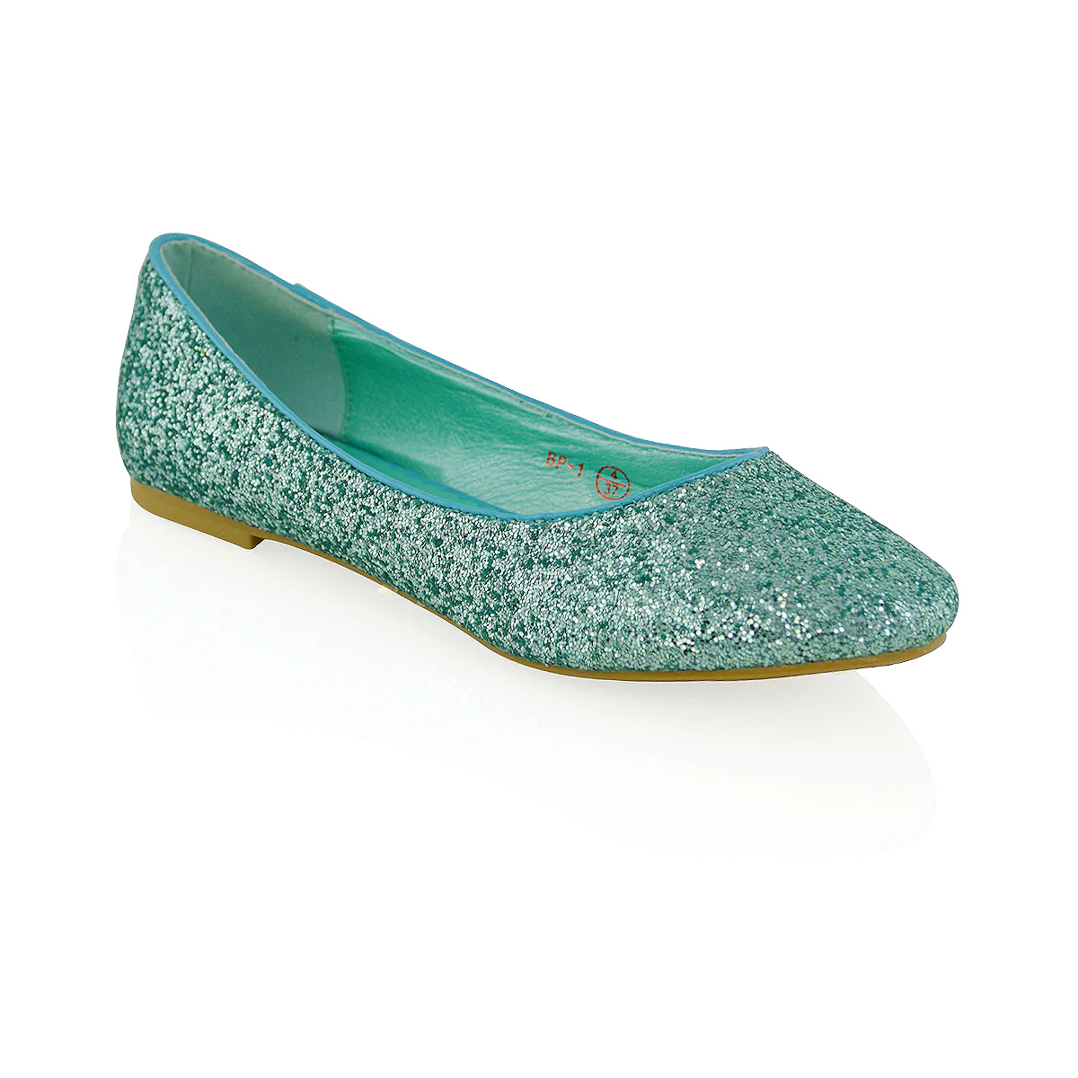 JAZ SLIP ON FLAT LOW BLOCK HEEL SPARKLY BALLERINA PUMP SHOES IN TURQUOISE GLITTER - Image 22