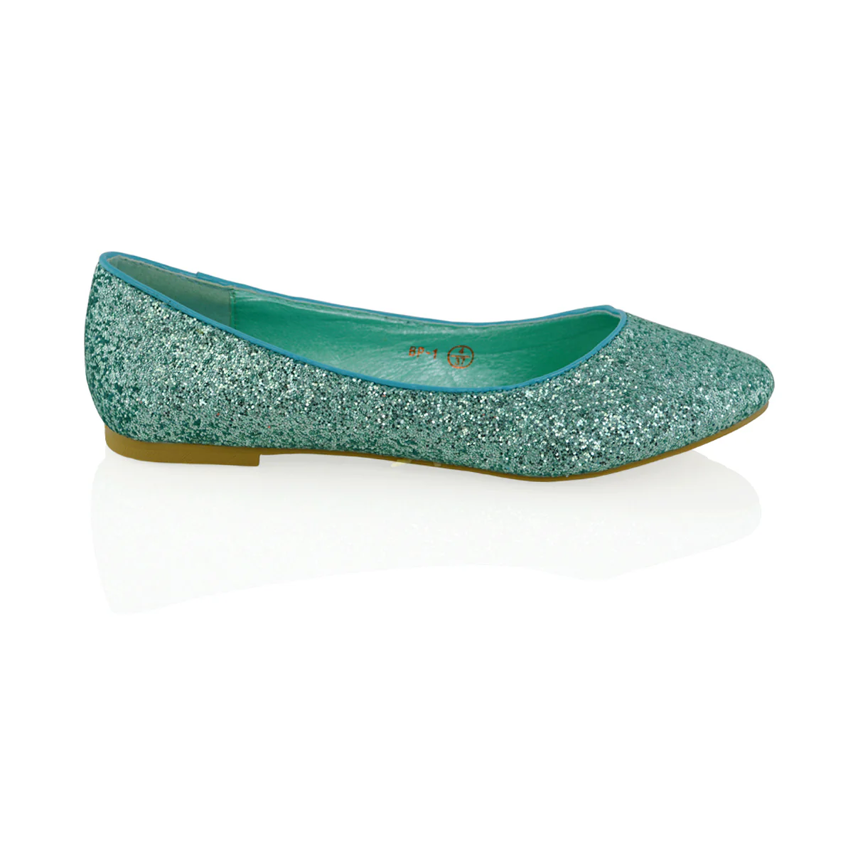 JAZ SLIP ON FLAT LOW BLOCK HEEL SPARKLY BALLERINA PUMP SHOES IN TURQUOISE GLITTER - Image 4