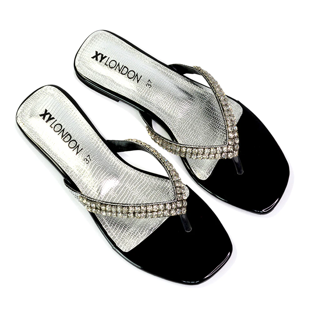 Jazlyn Flat Diamante Flip Flop Sandals Thong Summer Shoes in Navy - Image 155