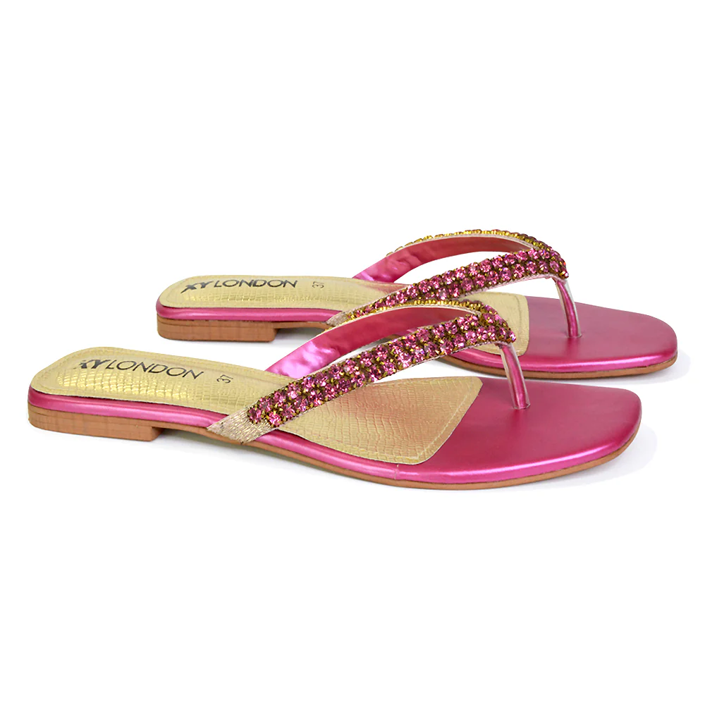 Jazlyn Flat Diamante Flip Flop Sandals Thong Summer Shoes in Navy - Image 39