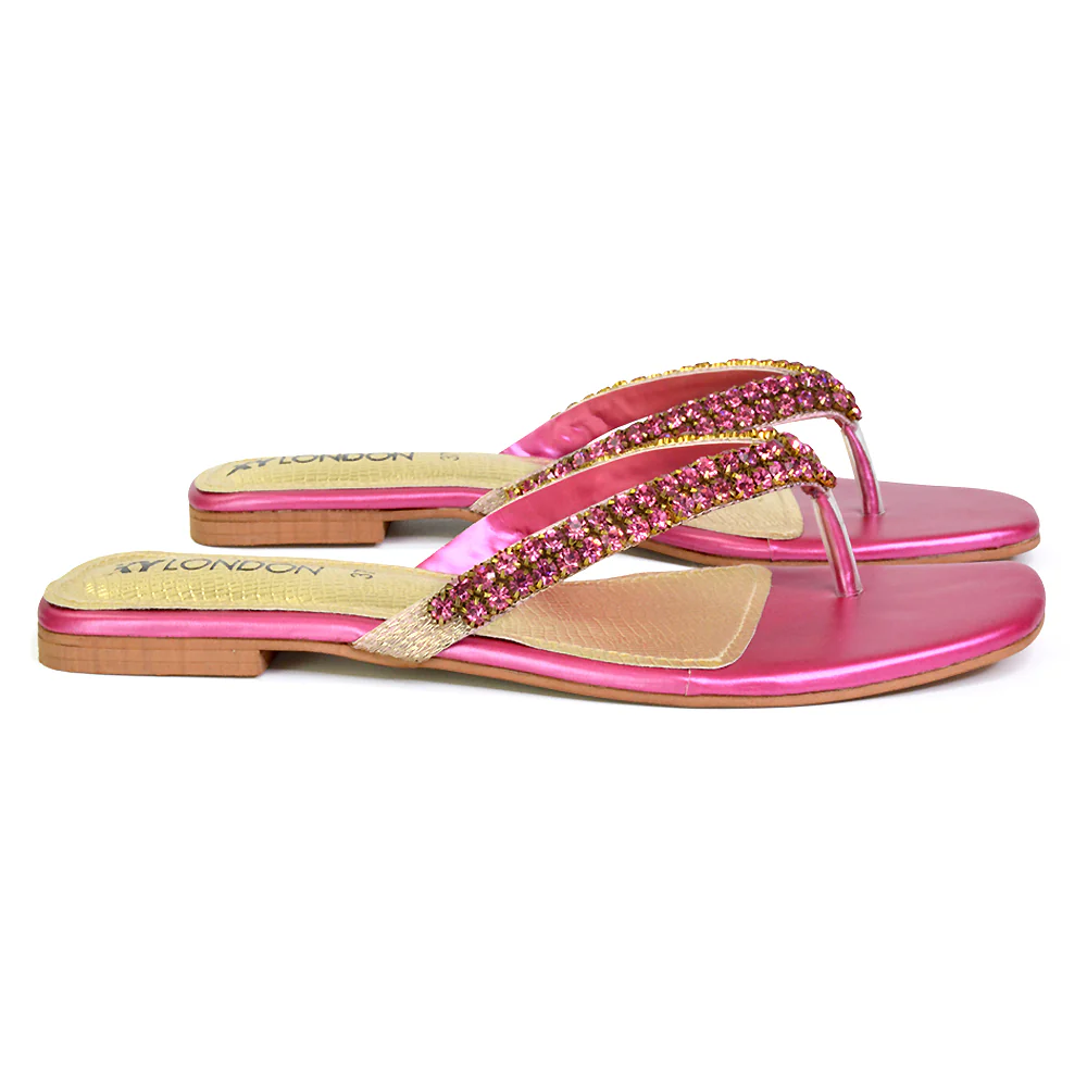 Jazlyn Flat Diamante Flip Flop Sandals Thong Summer Shoes in Navy - Image 41