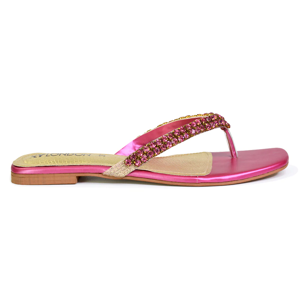 Jazlyn Flat Diamante Flip Flop Sandals Thong Summer Shoes in Navy - Image 48