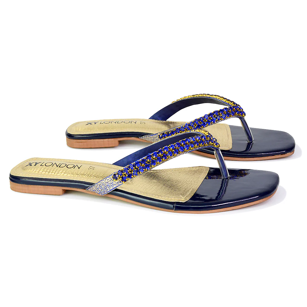 Jazlyn Flat Diamante Flip Flop Sandals Thong Summer Shoes in Navy - Image 9
