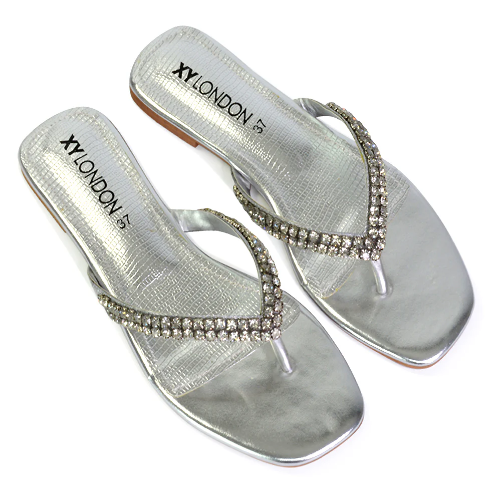 Jazlyn Flat Diamante Flip Flop Sandals Thong Summer Shoes in Navy - Image 90