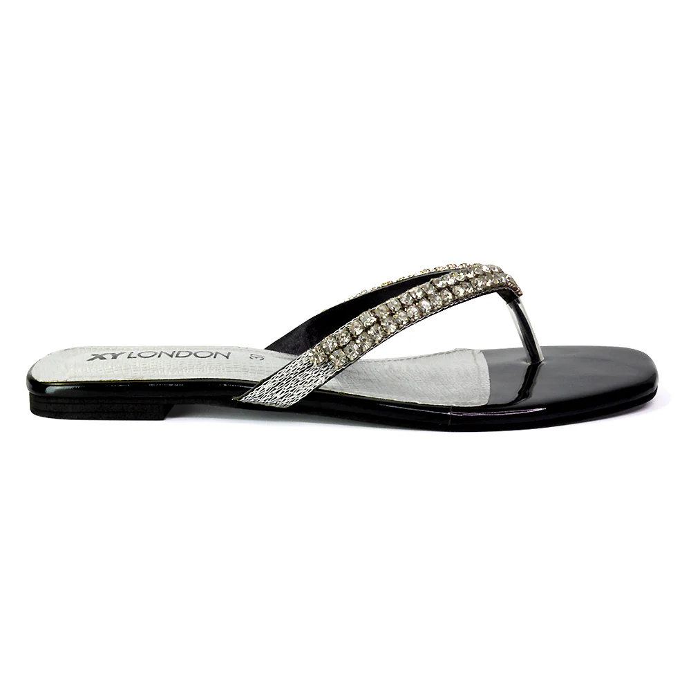 Jazlyn Flat Diamante Flip Flop Sandals Thong Summer Shoes in Silver - Image 138