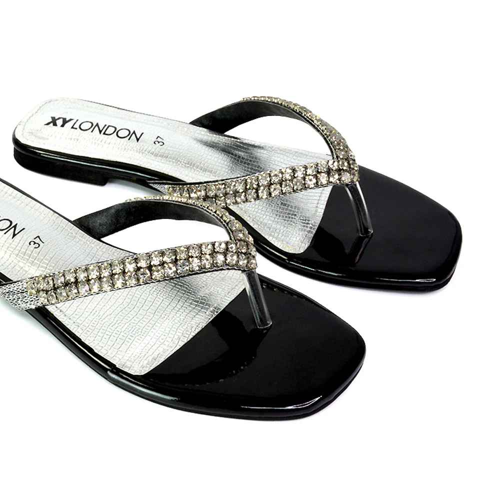 Jazlyn Flat Diamante Flip Flop Sandals Thong Summer Shoes in Silver - Image 152